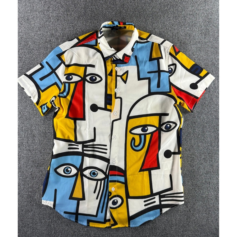 Manfinity Mens Abstract Face Print Short Sleeve Button Up Shirt Multicolor  M